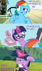 Size: 640x1080 | Tagged: safe, edit, edited screencap, screencap, rainbow dash, twilight sparkle, horse, pegasus, pony, lesson zero, clipboard, comic, glasses, hair bun, psychiatrist, ren and stimpy, screencap comic, twilight snapple, twilight's professional glasses