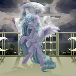 Size: 1280x1280 | Tagged: safe, artist:colorbrush, princess luna, alicorn, pony, balcony, crying, eyes closed, female, glowing horn, mare, moon, night, rearing, s1 luna, solo