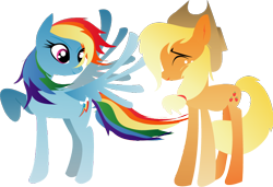 Size: 716x489 | Tagged: safe, artist:lottapotatosalad, derpibooru import, applejack, rainbow dash, earth pony, pegasus, pony, blonde mane, blue coat, blue wings, duo, female, mare, multicolored mane, orange coat, wings