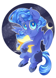 Size: 900x1250 | Tagged: safe, artist:mewy101, princess luna, alicorn, pony, female, filly, moon, solo, space, stars, tangible heavenly object