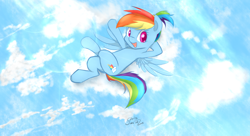 Size: 2200x1200 | Tagged: dead source, safe, artist:xcopyen002, rainbow dash, pegasus, pony, alternate hairstyle, cloud, cloudy, female, solo