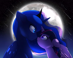 Size: 5700x4500 | Tagged: safe, artist:chub-wub, princess luna, twilight sparkle, twilight sparkle (alicorn), alicorn, pony, absurd resolution, female, lesbian, mare, moon, night, shipping, twiluna