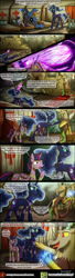 Size: 1000x3692 | Tagged: safe, artist:bonaxor, discord, princess luna, twilight sparkle, twilight sparkle (alicorn), oc, oc:princess dream, oc:sebastian, alicorn, bat pony, griffon, comic:journey to the lunar republic, armor, bandage, comic, magic, magic blast