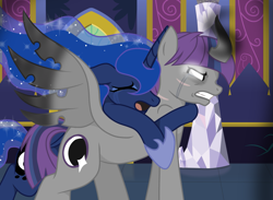 Size: 1601x1169 | Tagged: safe, artist:ipandacakes, pony of shadows, princess luna, oc, oc:crescendo, alicorn, pony, magic, offspring, parent:shadow lock, parent:twilight sparkle, parents:twilock