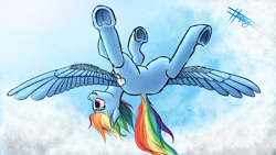 Size: 5000x2812 | Tagged: safe, artist:happygnarwal, derpibooru import, rainbow dash, pegasus, pony, cloud, featureless crotch, flying, solo, underhoof, upside down