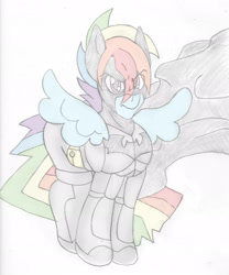 Size: 1592x1917 | Tagged: safe, artist:blackbewhite2k7, derpibooru import, rainbow blitz, rainbow dash, pegasus, pony, batman, batman begins, crossover, rule 63, sketch, solo, wip