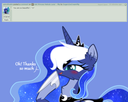 Size: 1500x1200 | Tagged: safe, artist:sugaryicecreammlp, princess luna, alicorn, pony, alternate design, ask, ask nebula luna, blue background, deviantart, dialogue, digital art, female, mare, simple background, solo