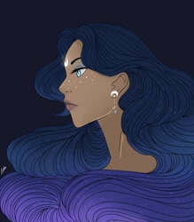 Size: 2300x2624 | Tagged: safe, artist:varshacoro, princess luna, human, bust, flowing hair, freckles, humanized, jewelry, solo, tan skin