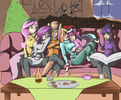 Size: 1938x1600 | Tagged: safe, artist:sundown, derpibooru import, applejack, fluttershy, pinkie pie, rainbow dash, rarity, twilight sparkle, human, breasts, clothes, female, hootershy, humanized, mane six, sleeping, sweatershy