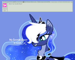 Size: 1500x1200 | Tagged: safe, artist:sugaryicecreammlp, princess luna, alicorn, pony, alternate design, ask, ask nebula luna, blue background, deviantart, digital art, female, mare, simple background, solo