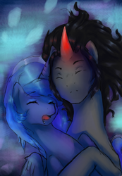 Size: 448x646 | Tagged: safe, artist:nati789, king sombra, princess luna, alicorn, pony, unicorn, cuddling, female, lumbra, male, missing accessory, shipping, sleeping, straight