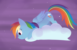 Size: 1024x663 | Tagged: safe, artist:cyrusguildart, derpibooru import, rainbow dash, pegasus, pony, cloud, solo