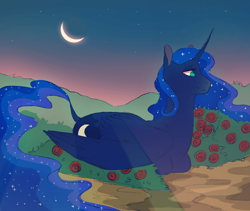 Size: 950x800 | Tagged: safe, artist:pumpkabooo, princess luna, alicorn, pony, crescent moon, ethereal mane, flower, moon, ponyloaf, rose, solo, twilight (astronomy)