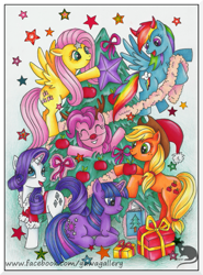 Size: 575x778 | Tagged: safe, artist:yawannka, derpibooru import, applejack, fluttershy, pinkie pie, rainbow dash, rarity, twilight sparkle, earth pony, pegasus, pony, reindeer, unicorn, christmas tree, hat, mane six, present, santa hat, tree