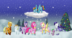 Size: 1024x535 | Tagged: safe, artist:pegasisters82, derpibooru import, applejack, fluttershy, pinkie pie, rainbow dash, rarity, spike, twilight sparkle, dragon, earth pony, pegasus, pony, unicorn, boots, cape, christmas tree, clothes, mane seven, mane six, scarf, snow, snowfall, snowpony, tree