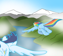 Size: 864x768 | Tagged: safe, artist:ajmstudios, rainbow dash, soarin', pegasus, pony, duo, female, flying, male, mare, mountain, plot, rear view, river, scenery, scootaloo's scootaquest, stallion