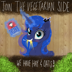 Size: 3500x3500 | Tagged: safe, artist:darkest-lunar-flower, princess luna, alicorn, pony, blushing, board, cute, eating, food, glowing horn, hay, herbivore, horses doing horse things, magic, oats, propaganda, telekinesis, vegetarian