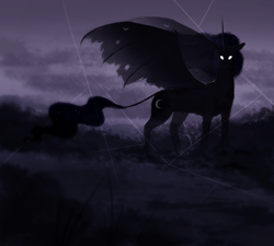 Size: 1200x1080 | Tagged: safe, artist:pumpkabooo, nightmare moon, princess luna, alicorn, pony, glowing eyes, leonine tail, night, nightmare luna, scenery, solo