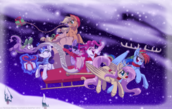 Size: 3000x1900 | Tagged: safe, artist:inuhoshi-to-darkpen, derpibooru import, applejack, fluttershy, pinkie pie, rainbow dash, rarity, spike, twilight sparkle, dragon, earth pony, pegasus, pony, unicorn, mane seven, mane six, sleigh, snow, snowfall