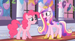 Size: 668x369 | Tagged: safe, pinkie pie, princess cadance, alicorn, earth pony, pony, balloon, canterlot wedding fiasco, cutie mark, mirror, rug, solo