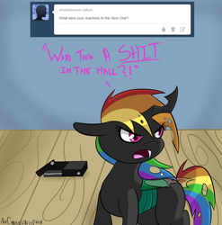 Size: 2000x2025 | Tagged: safe, artist:vivofortissimo, rainbow dash, ask, changeling dash, changelingified, dashling, devastating burn, female, huehuehue, tumblr, vulgar, xbox one