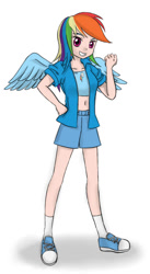 Size: 562x1024 | Tagged: safe, artist:pennygu, rainbow dash, belly button, clothes, converse, humanized, midriff, pixiv, shoes, solo, winged humanization