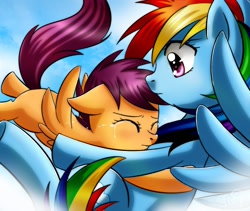 Size: 1268x1068 | Tagged: safe, artist:princesssilverglow, rainbow dash, scootaloo, pegasus, pony, crying, hug, scootalove