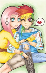 Size: 600x964 | Tagged: safe, artist:spazztasticfangirl, fluttershy, rainbow dash, female, flutterdash, heart, humanized, lesbian, shipping