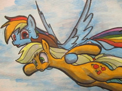 Size: 1024x768 | Tagged: safe, artist:butaniku48, derpibooru import, applejack, rainbow dash, earth pony, pegasus, pony, flying, holding a pony, traditional art