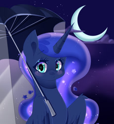 Size: 1062x1152 | Tagged: safe, artist:clefficia, princess luna, alicorn, pony, blush sticker, blushing, crescent moon, female, looking at you, mare, moon, solo, wing hold