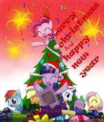 Size: 1350x1575 | Tagged: safe, artist:hoyeechun, derpibooru import, applejack, fluttershy, pinkie pie, rainbow dash, rarity, spike, twilight sparkle, dragon, earth pony, pegasus, pony, unicorn, christmas, christmas tree, colored, hat, mane seven, mane six, santa hat, tree