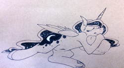 Size: 1618x890 | Tagged: safe, artist:omegapex, princess luna, alicorn, pony, eyes closed, female, hug, lying down, mare, pillow, pillow hug, sleeping, solo, traditional art