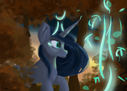 Size: 5040x3600 | Tagged: safe, artist:mahexa, princess luna, alicorn, pony, autumn, female, forest, magic, princess, side view