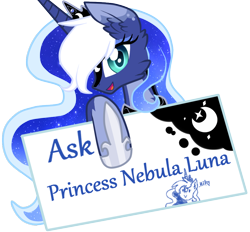 Size: 890x826 | Tagged: safe, artist:sugaryicecreammlp, princess luna, alicorn, pony, alternate design, ask, ask nebula luna, blue background, female, mare, simple background, solo, text, transparent background, tumblr