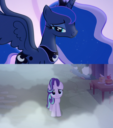 Size: 1280x1440 | Tagged: safe, edit, screencap, princess luna, starlight glimmer, alicorn, pony, to where and back again, cake, dream, dream walker luna, fog, food, looking down, looking up, moon, our town, plant, smiling, table