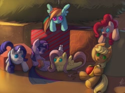 Size: 1202x900 | Tagged: safe, artist:raikoh, derpibooru import, applejack, fluttershy, pinkie pie, rainbow dash, rarity, twilight sparkle, earth pony, pegasus, pony, unicorn, christmas, mane six, plushie