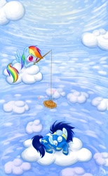 Size: 800x1300 | Tagged: safe, artist:sweetangeldelight, rainbow dash, soarin', pegasus, pony, blushing, cloud, cloudy, cute, dashabetes, female, fishing rod, heart, male, pie, pie seduce, shipping, sleeping, soarindash, straight, that pony sure does love pies, wonderbolts uniform, zzz