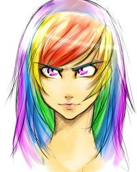 Size: 1024x1280 | Tagged: safe, artist:ereb-tauramandil, rainbow dash, clothes, female, humanized, multicolored hair, solo