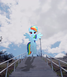 Size: 2592x2994 | Tagged: safe, artist:utterlyludicrous, rainbow dash, bedroom eyes, irl, photo, ponies in real life, railroad, shadow, sky, solo, vector, walkway