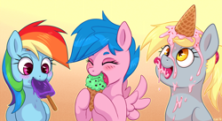 Size: 1376x754 | Tagged: safe, artist:sorcerushorserus, derpibooru import, derpy hooves, firefly, rainbow dash, pegasus, pony, g1, alternate hairstyle, cute, dashabetes, female, food, gradient background, ice cream, ice cream cone, licking, mare, melted, melted ice cream, messy eating, mint chocolate chip, ponytail, popsicle, tongue out, trio