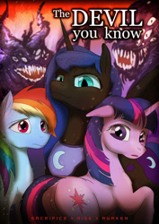 Size: 2480x3508 | Tagged: safe, artist:bernarddk, princess luna, rainbow dash, twilight sparkle, unicorn twilight, alicorn, pegasus, pony, unicorn, fanfic:the devil you know, cover, cutie mark, fanfic, fanfic art, fanfic cover, female, looking at you, mare, nightmare luna, text