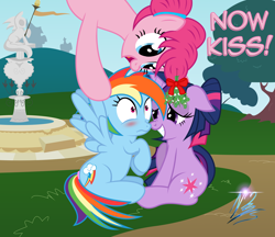 Size: 8000x6896 | Tagged: dead source, safe, artist:nightmaremoons, derpibooru import, pinkie pie, rainbow dash, twilight sparkle, earth pony, pegasus, pony, absurd resolution, alternate hairstyle, blushing, female, lesbian, mistletoe, now kiss, shipper on deck, shipping, twidash