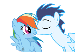 Size: 1279x901 | Tagged: safe, artist:sofialurax, derpibooru import, rainbow dash, soarin', pegasus, pony, female, kissing, male, shipping, signature, simple background, soarindash, sofialurax is trying to murder us, straight, white background