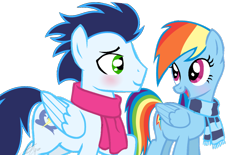 Size: 1024x635 | Tagged: safe, artist:sofialurax, derpibooru import, rainbow dash, soarin', pegasus, pony, backwards cutie mark, clothes, female, male, scarf, shipping, simple background, soarindash, sofialurax is trying to murder us, straight, transparent background