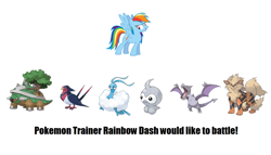 Size: 1350x770 | Tagged: safe, rainbow dash, pegasus, pony, aerodactyl, altaria, arcanine, castform, crossover, female, mare, pokémon, pokémon team, simple background, spread wings, swellow, torterra, white background, wings