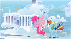 Size: 1458x795 | Tagged: safe, artist:brony250, derpibooru import, pinkie pie, rainbow dash, pegasus, pony, cloudsdale, race swap, shocked