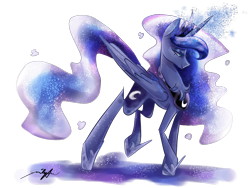 Size: 1024x768 | Tagged: safe, artist:emuuanne, princess luna, alicorn, pony, chest fluff, crown, ethereal mane, female, glowing horn, hoof shoes, jewelry, lidded eyes, magic, mare, no pupils, profile, regalia, signature, simple background, solo, starry mane, transparent background, wing fluff