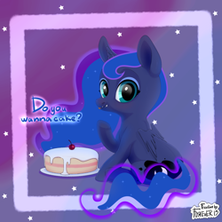 Size: 894x894 | Tagged: safe, artist:moonhoek, princess luna, alicorn, pony, cake, cherry, chibi, cute, foal, food, free to use, freeline, looking at you, night, rcf community, simple background, sitting, solo, stars, sweet, tongue out, wings