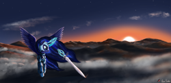 Size: 7036x3396 | Tagged: safe, artist:pony-stark, princess luna, alicorn, pony, armor, cloud, female, flying, glowing horn, hooves, horn, levitation, magic, mare, scenery, solo, spread wings, stars, sun, sword, telekinesis, weapon, wings