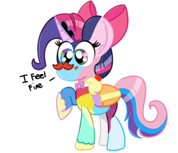 Size: 1500x1290 | Tagged: safe, apple bloom, applejack, big macintosh, carrot cake, cheerilee, fluttershy, lyra heartstrings, octavia melody, pinkie pie, princess luna, rainbow dash, rarity, scootaloo, starlight glimmer, sweetie belle, twilight sparkle, twilight sparkle (alicorn), oc, oc only, oc:clusterfuck, alicorn, earth pony, pony, unicorn, alicorn oc, appleflaritwidashpie, applmaccarrcheerlyrscootabelleshylyraoctpinklunrainrarglimtwi, bow, crown, cutie mark crusaders, facial hair, fusion, hair bow, hoof shoes, jewelry, mane six, moustache, regalia, solo, tumblr, wat, we have become one, what has magic done, what has science done, why